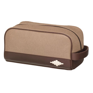 Hombre Washbag - Brown Leather And Sand Canvas With Cream Stitching